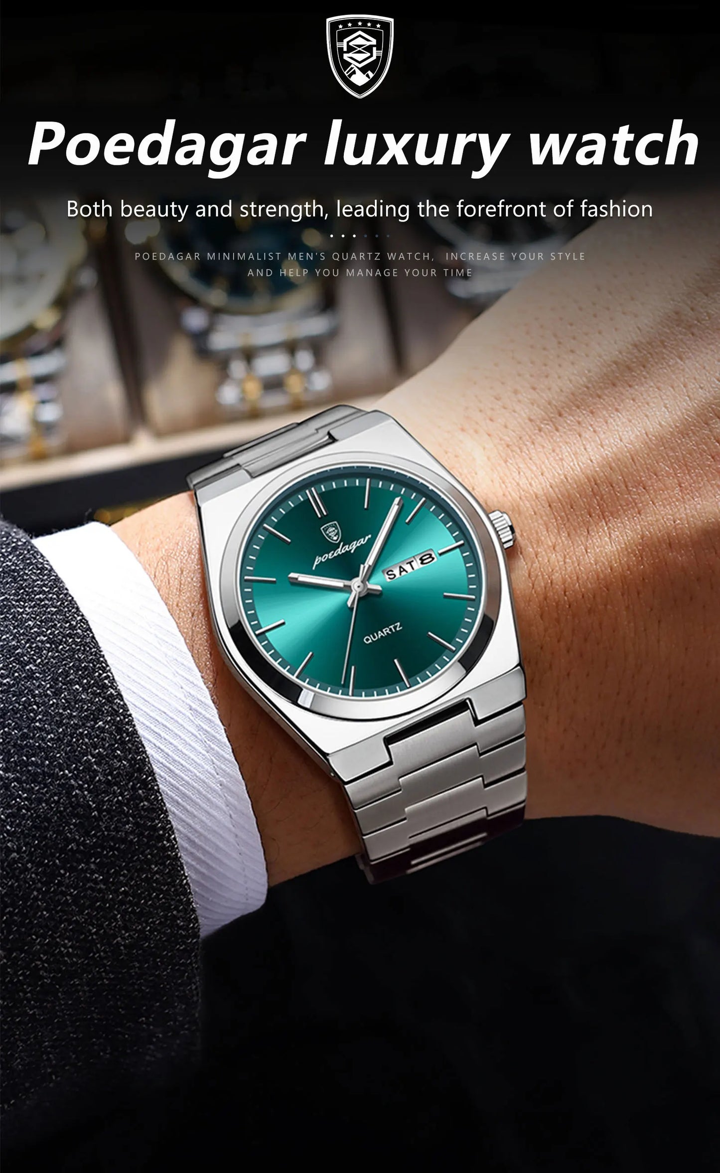POEDAGAR Fashion Men Watch Waterproof Luminous Date Week Men's Watches Stainless Steel Functional Man Quartz Watch with Gift Box