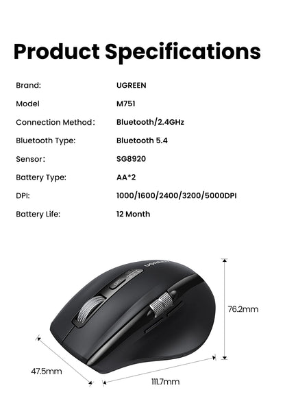 UGREEN Wireless Mouse Bluetooth 5.4 Ergonomic 5000 DPI Rechargeable Wireless Mouse with Hyper-Fast Scroll for MacBook, Laptop, PC & Tablet
