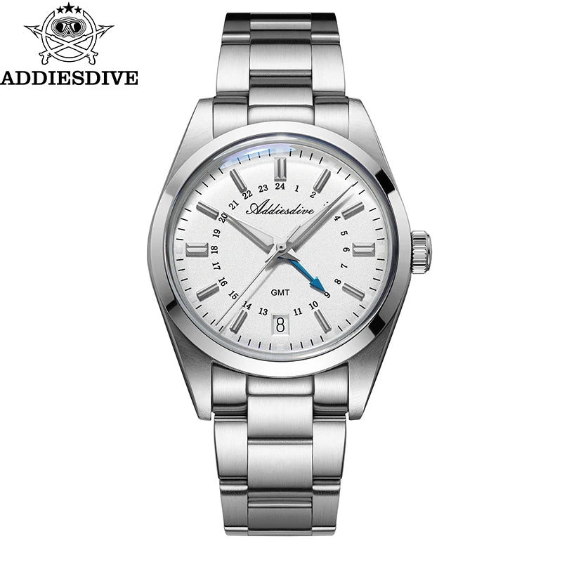 ADDIESDIVE 36mm Men's Analog Watch GMT 515-24H Watch BGW9 Luminous 100m Waterproof Stainless Steel Men's Quartz Watches AD2065