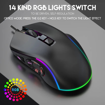 Vezetékes gamer irodai egér 7200DPI RGB háttérvilágítással, 6 állítható DPI-szinttel/10 programozható gombbal/asztalra visszalépő gombbal