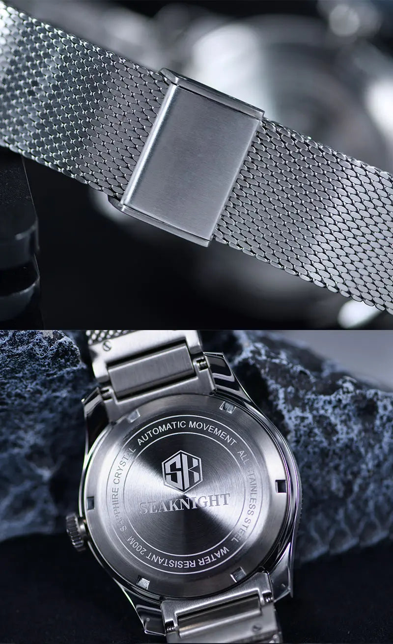 SEA KNIGHT Men 200M Waterproof Diving Watch Sapphire Crystal 316L Steel Mesh Belt C3 Luminous NH35A Automatic Mechanical Watch