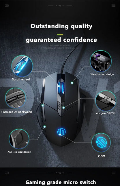 Káblová myš Inphic W1 Esports Gaming Mouse s programovateľnými makrami, nastaviteľným DPI a tichým chodom do kancelárie