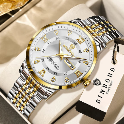 Orologio da polso al quarzo di lusso BINBOND da uomo – Impermeabile, luminescente, con indicazione del giorno della settimana – Stile business, sportivo, alla moda e casual