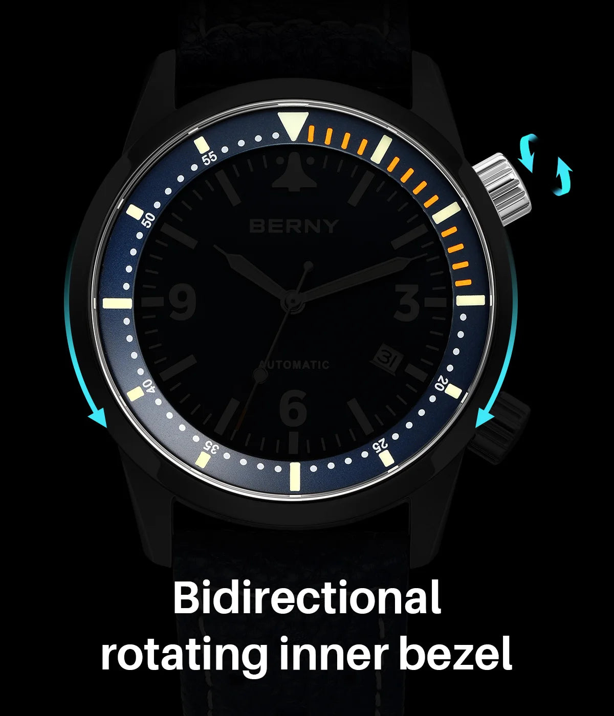 BERNY Men's Automatic Diver Watch Supper Luminous Sapphire AR Coated MlYOTA 8215 Leather Strap Mechanical Diving Watches for Men