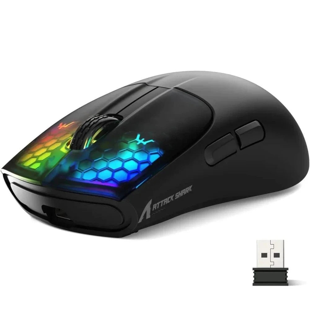 Rato Gaming ATTACK SHARK X5 Sem Fios Leve com Ligação Tri-Mode 2.4GHz/Com Fio/Bluetooth, RGB e Macro
