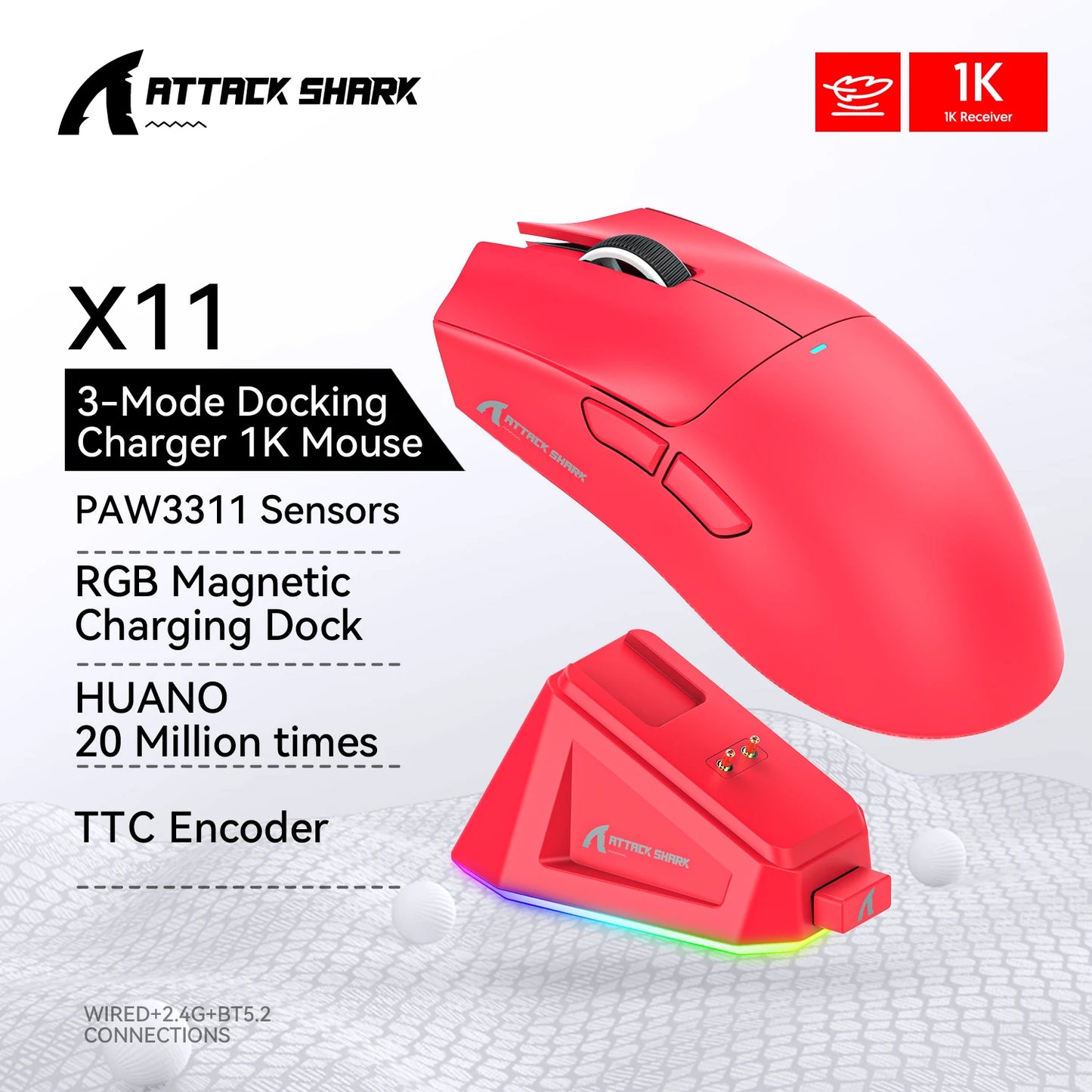 ATTACK SHARK X11 trojrežimová ľahká herná myš s PAW3311,22000DPI,400IPS,40G,59g,magnetickým rýchlonabíjaním,RGB podsvietením