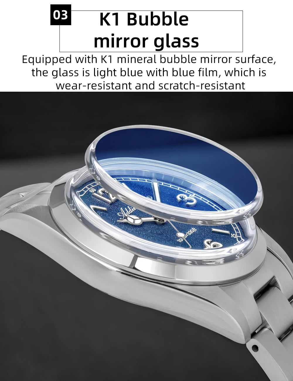 Relógio para homem ADDIESDIVE 36mm em destaque AD2518 com vidro espelhado convexo, aço inoxidável 316L, Reloj Hombre, 100m à prova de água, quartzo