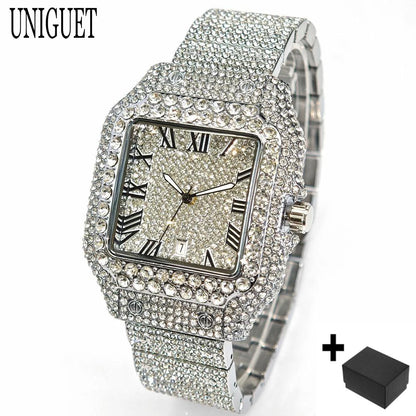 Hot UNIGUET Men's Square Watch Luxury Hip Hop Diamond Jewelry Waterproof Stainless Steel Quartz Wristwatch Fashion Man Accessory