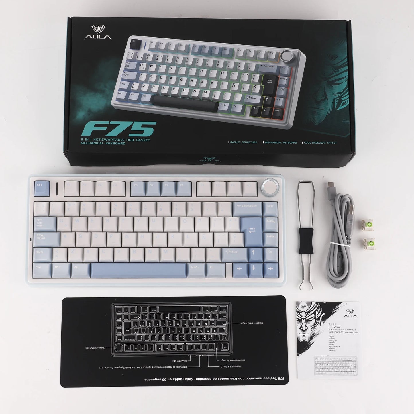 EPOMAKER AULA F75 ISO-ES 75% QWERTY español, teclado mecánico gaming inalámbrico con cable/Bluetooth/2.4GHz, hot-swap, montaje gasket y retroiluminación RGB