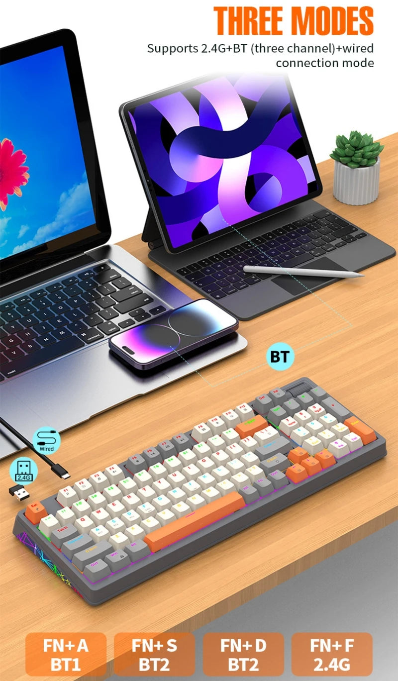 Wireless Mechanical Keyboard 96 Keys 100% Layout Spanish Russian Korean Arabic Mechanical Keyboard Bluetooth RGB K95 2000mAh