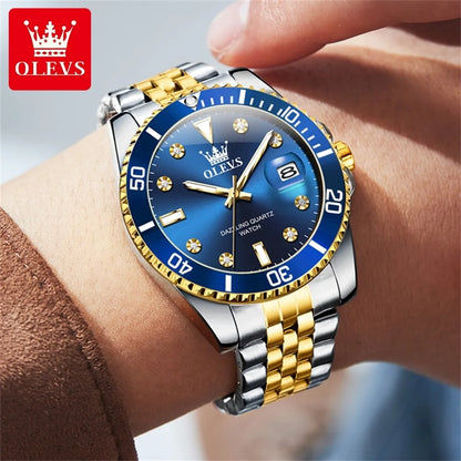 Montre pour homme OLEVS – Montre de luxe, style professionnel, étanche, avec affichage de la date, aiguilles luminescentes, boîtier en acier inoxydable et cadran bleu – Montre à quartz