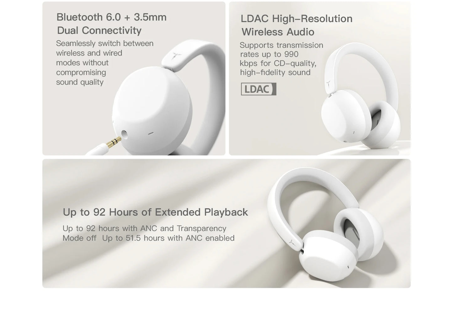 TANCHJIM RITA HiFi Bluetooth Headset Wireless & Wired ANC Headphones, Bluetooth 6.0 LDAC Over-Ear Headphones with 40mm Dynamic Driver, Gaming Headset with ENC & 3.5mm Audio Cable