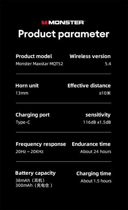 Monster MQT52 Bluetooth 5.4 Wireless Earphones Gaming Headphones with Mic, HiFi Stereo Sound True Wireless Earbuds, Low Latency Bluetooth 5.4 Earphones with 24H Battery Life