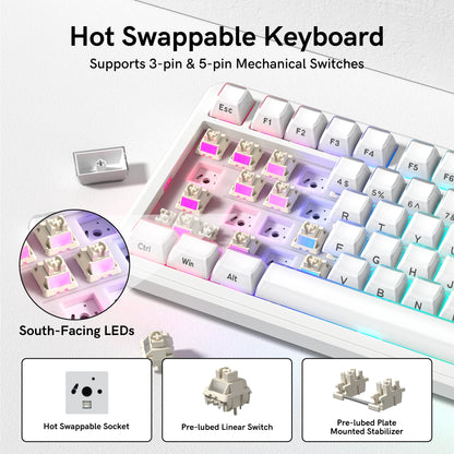 Womier L75 White Crystal Wireless Gaming Keyboard Tri-Modes Hot-Swappable Customized RGB Backlight Mechanical Keyboard Gasket