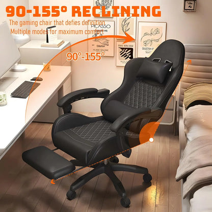 Silla gaming Hestora de piel PU grande y alta, silla ergonómica para ordenador con respaldo alto, reposapiés, masaje y soporte lumbar para adultos