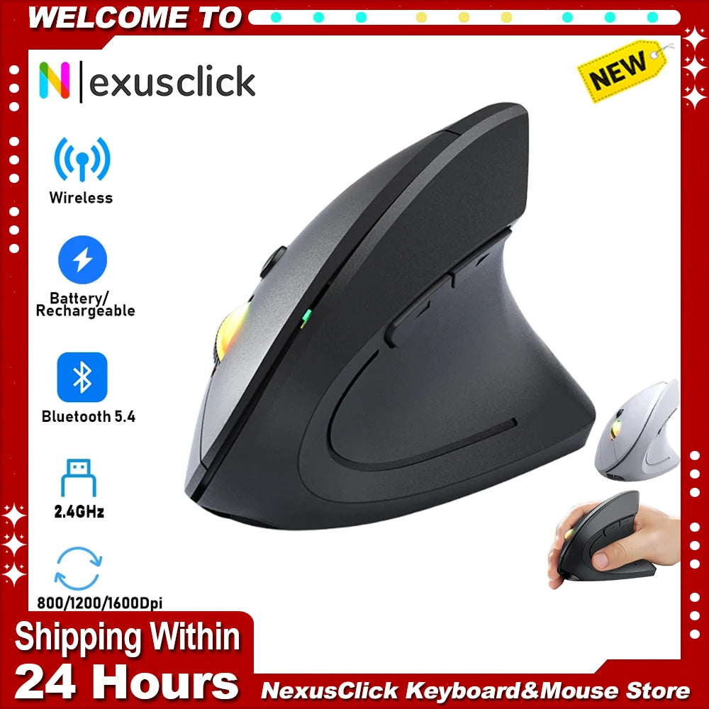 2.4G Bluetooth vezeték nélküli függőleges egér, újratölthető, ergonomikus, 1600DPI állítható gaming egér, 6 gombos, laptophoz, PC-hez és számítógéphez
