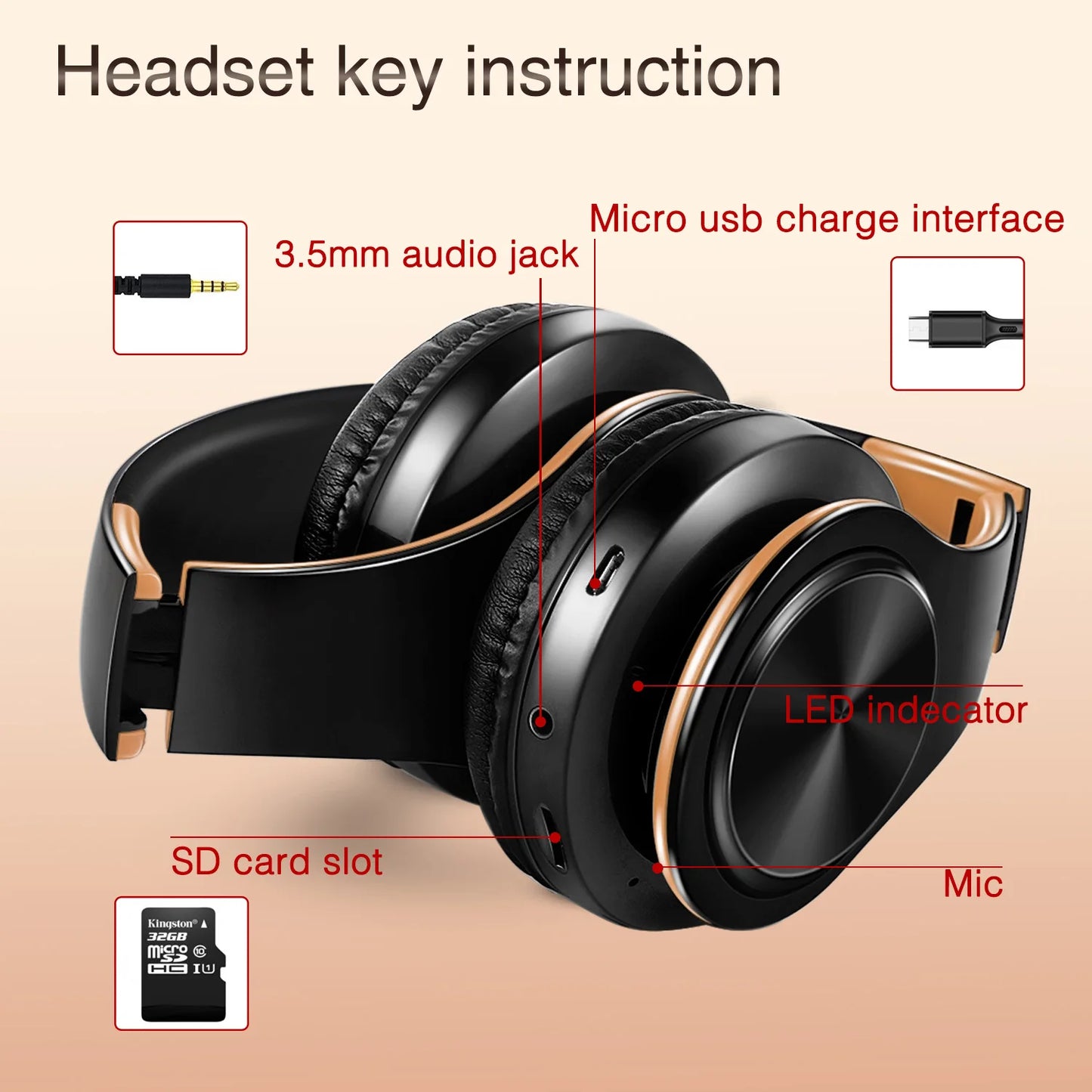 CATASSU Gold Bluetooth Wireless Headphones with Microphone, Stereo Headset, Bluetooth 5.3 Earphones, 40mm HiFi Sound, Foldable Headphones for Android & iOS