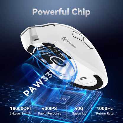 Rato Gaming Tri-Mode ATTACK SHARK R1, Sensor PixArt PAW3311, 18000 DPI, 1000hz, ultraleve 59g para mãos grandes, para PC/Mac
