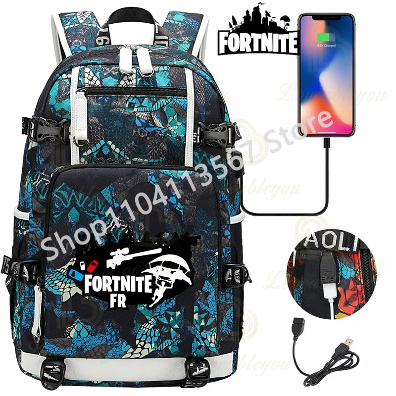 Ultima Knight F-Fortnited Battle Royale Backpack with USB Charging Anime Figures Study Stationery Compartment for Students