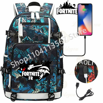 Ultima Knight F-Fortnited Battle Royale Backpack with USB Charging Anime Figures Study Stationery Compartment for Students