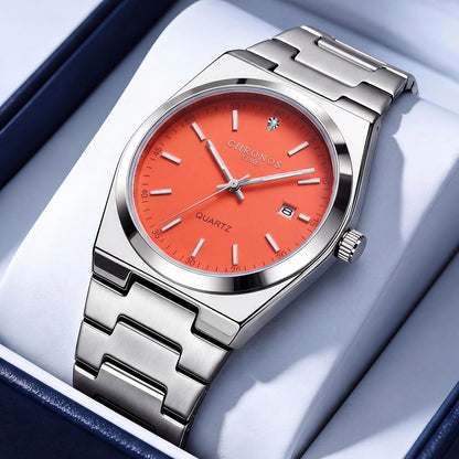 Ceas cu cuarț pentru bărbați CHRONOS – Brățară din oțel inoxidabil, rezistent la apă, ace luminescente, afișaj al datei – Ideal pentru serviciu, sport sau în viața de zi cu zi