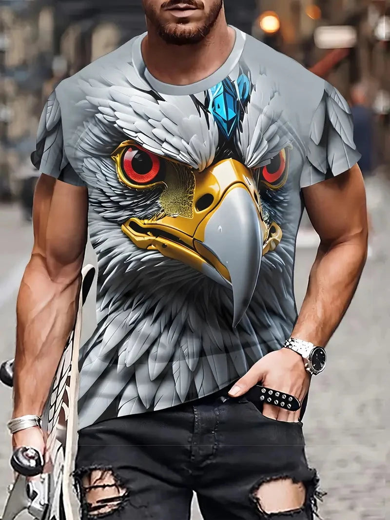 T-shirt para Homem com Novo Padrão de Águia Cool, Estampado 3D de Águia em Chamas, Streetwear de Verão, Manga Curta, Tops e T-shirts para Homem