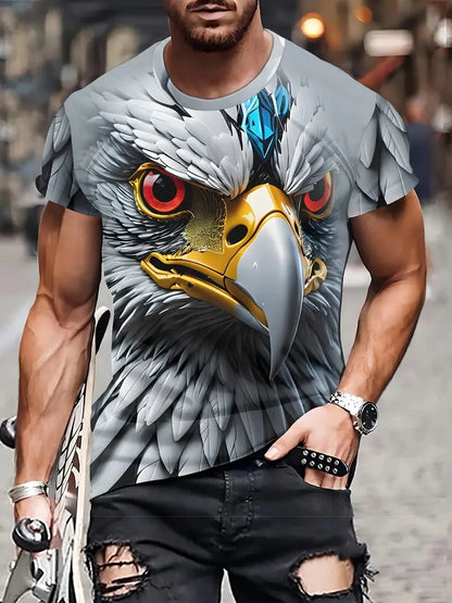 T-shirt para Homem com Novo Padrão de Águia Cool, Estampado 3D de Águia em Chamas, Streetwear de Verão, Manga Curta, Tops e T-shirts para Homem