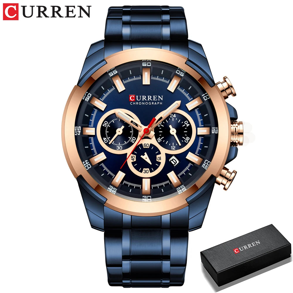 CURREN Chronographenuhr für Herren, großes Zifferblatt (48 mm), Edelstahlarmband, drei Hilfszifferblätter, Quarz-Sportarmbanduhr, luxuriöser Stil