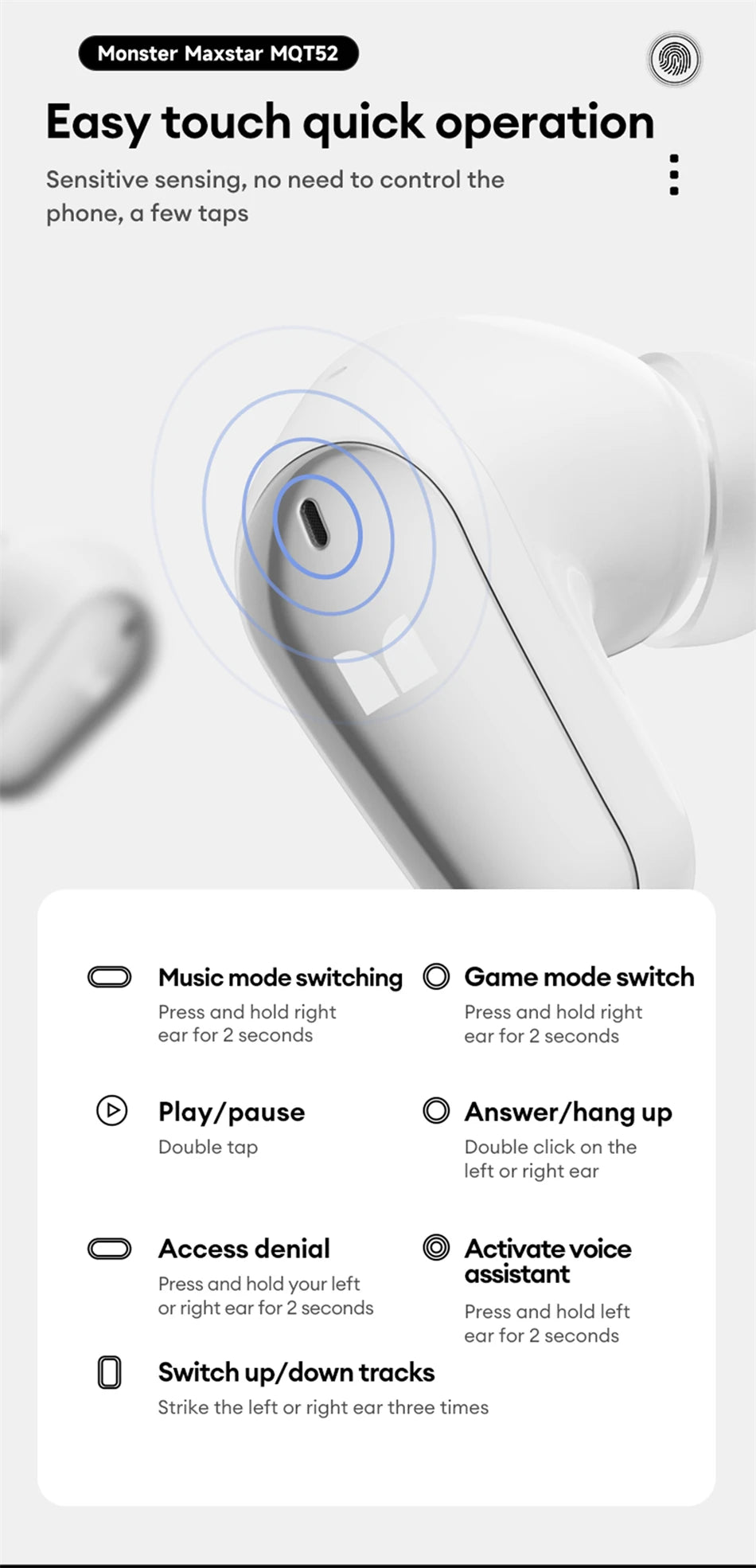 Monster MQT52 Bluetooth 5.4 Wireless Earphones Gaming Headphones with Mic, HiFi Stereo Sound True Wireless Earbuds, Low Latency Bluetooth 5.4 Earphones with 24H Battery Life