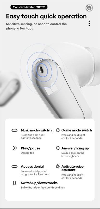 Monster MQT52 Bluetooth 5.4 Wireless Earphones Gaming Headphones with Mic, HiFi Stereo Sound True Wireless Earbuds, Low Latency Bluetooth 5.4 Earphones with 24H Battery Life