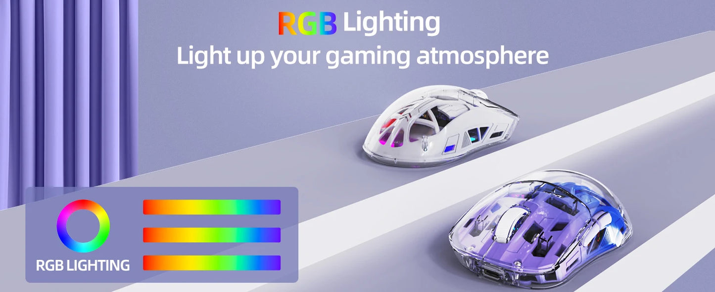 Mouse de gaming wireless transparent A2, BT 5.0/2.4G pentru PC, reîncărcabil, RGB, cu ecran digital, PixArt 3212, 5 niveluri DPI ajustabile