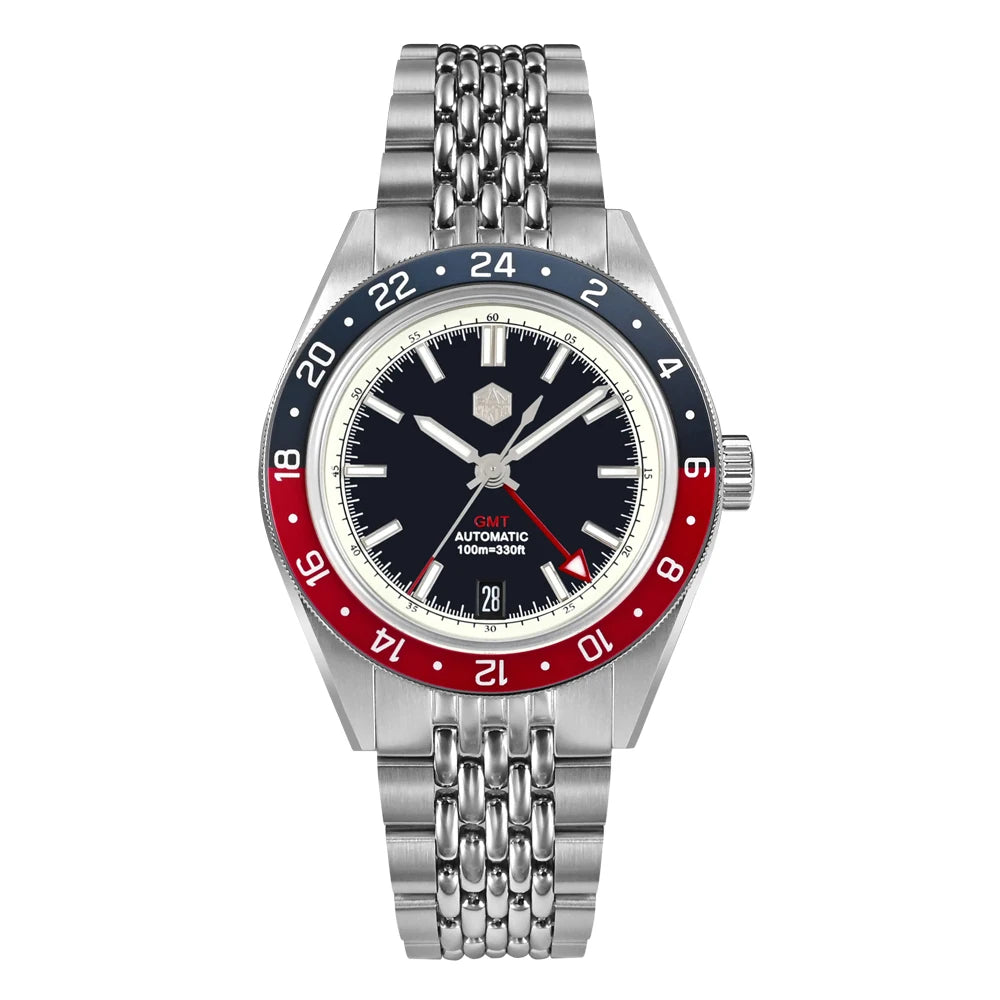 Relógio Automático Masculino San Martin 39.5mm Edição Limitada com Mostrador Full Lume NH34 GMT 6H Data 10Bar Luxo Kol Saati SN0116W