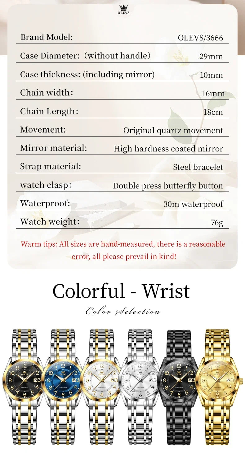 OLEVS Luxury Fashionable Ladies Quartz Watch Waterproof Wristwatch with Arabic Numerals Date Feature And Set Bracelet for Women