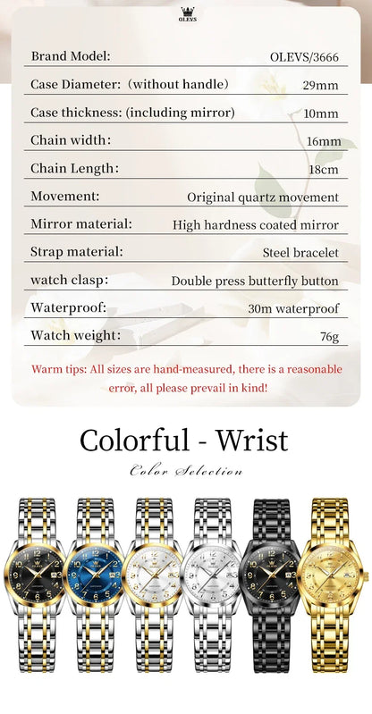 OLEVS Luxury Fashionable Ladies Quartz Watch Waterproof Wristwatch with Arabic Numerals Date Feature And Set Bracelet for Women