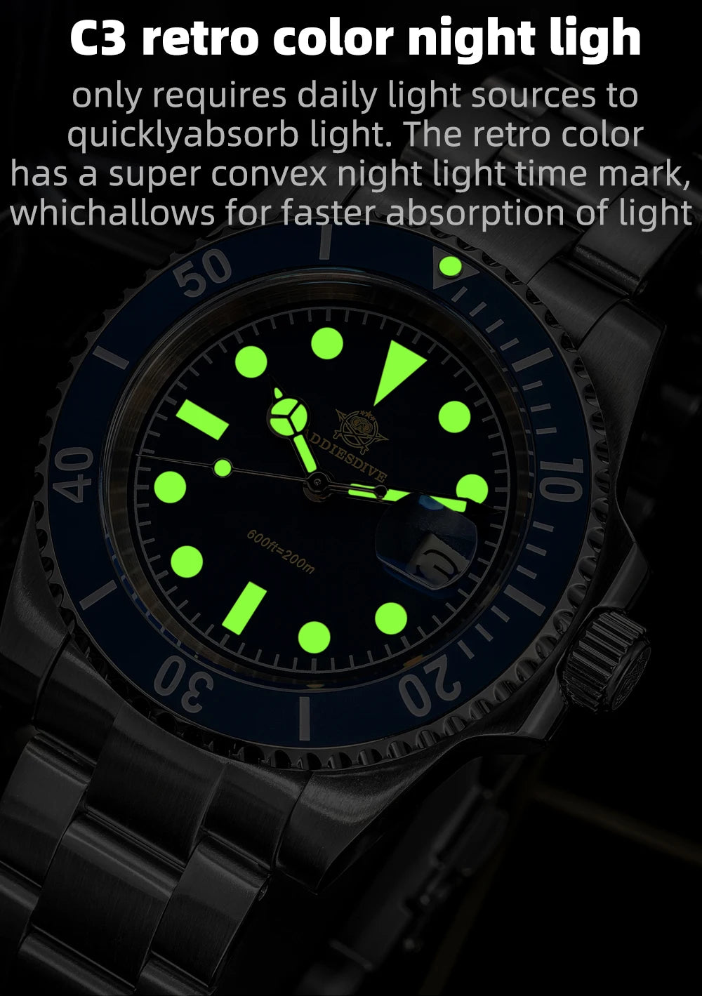 ADDIESDIVE Watch for Men New Quartz Wristwatch Green Ceramic Bezel Diving 200m Luminous 41mm Automatic Date Diver Men's Watch