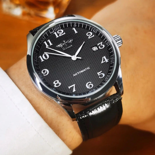 DOBIVNIK Muški sat – klasični, retro i elegantni stil – automatski mehanički sat s prikazom datuma – luksuzni brend, čelično kućište i kožni remen