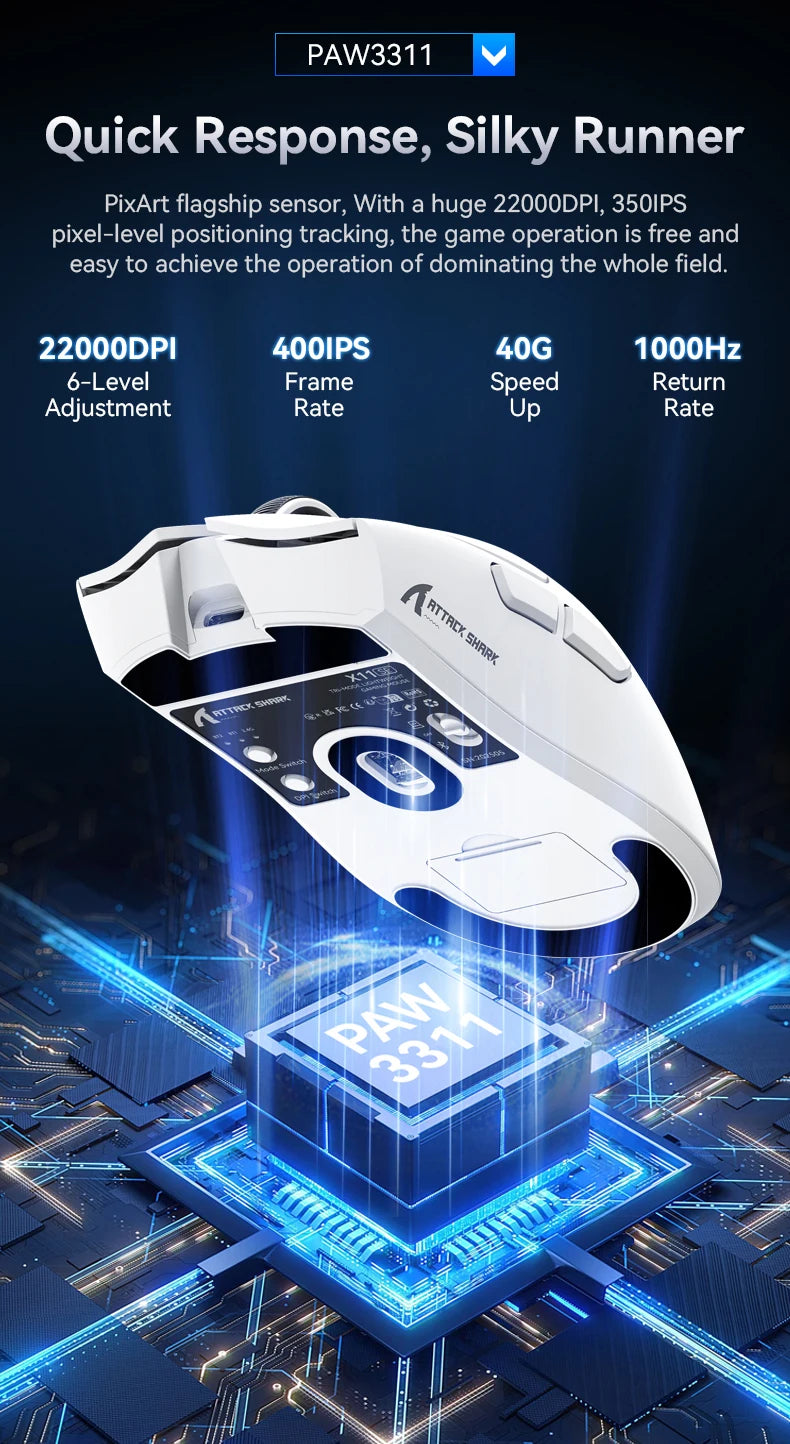 Ratón gaming ATTACK SHARK X11 y ratón inalámbrico X11 SE 22000 DPI, sensor PAW3311, BT/2.4G/con cable, ligero de 59g, 2000W clics