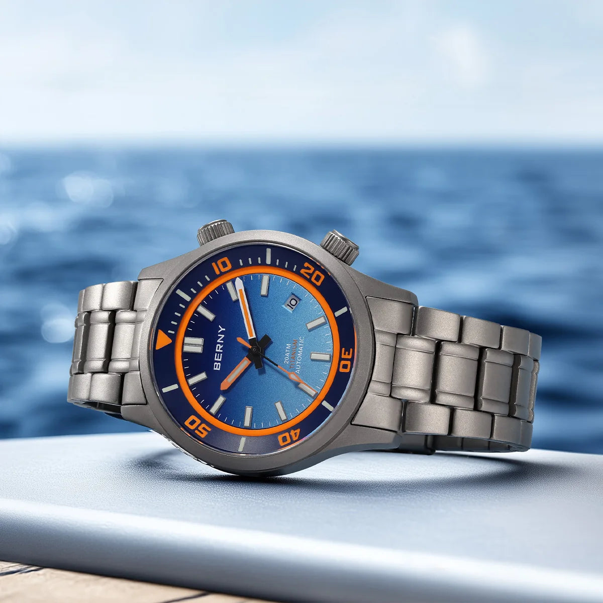 BERNY Automatic Full Titanium Diver Watch For Men Supper Luminous Sappire AR Coated Miyota 8215 Dual Crown Mechanical Dive Watch