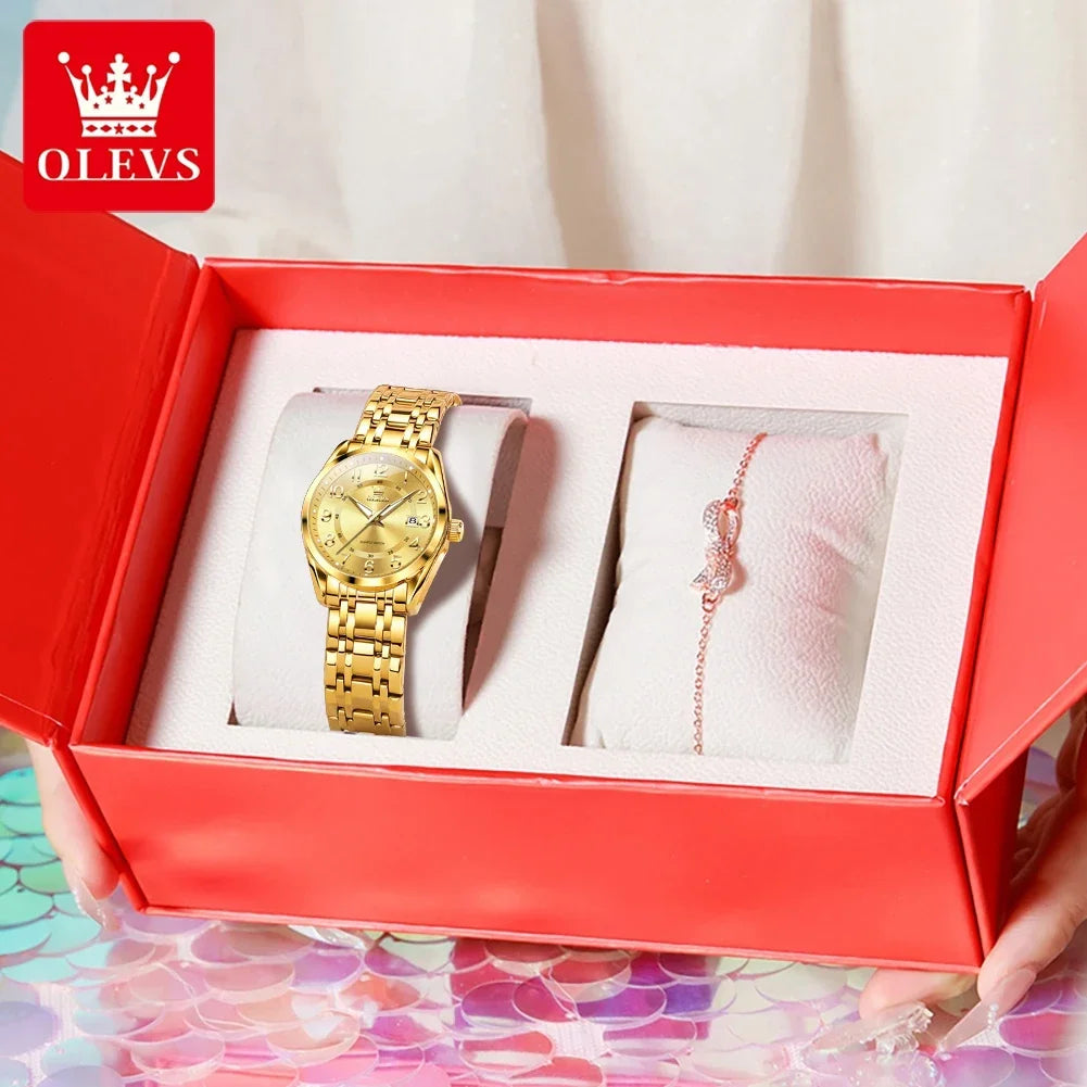 OLEVS Luxury Fashionable Ladies Quartz Watch Waterproof Wristwatch with Arabic Numerals Date Feature And Set Bracelet for Women
