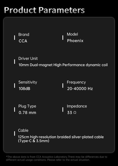 CCA Phoenix HiFi Earphones Dynamic Drive LCP Diaphragm Earphones Noise Cancelling Replaceable 2PIN Cable Gaming Wired Earphone