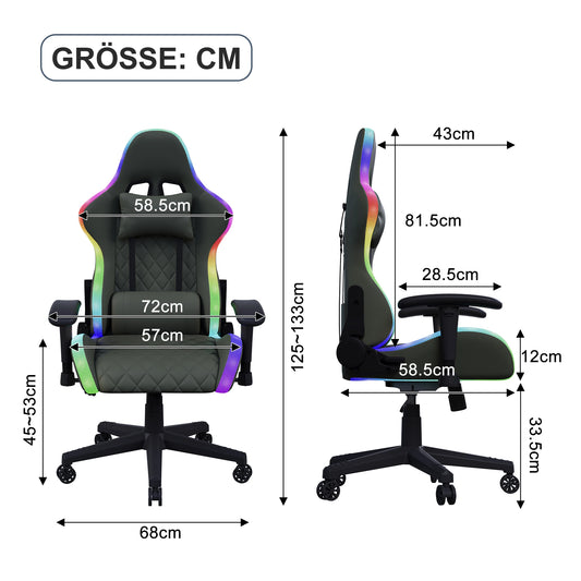 Ergonomic Gaming Chair with LED Lights, Adjustable Gaming Chair with Lumbar Massage, Reclining Gamer Chair with Footrest, RGB Gaming Chair for Office & PC Gaming, Black