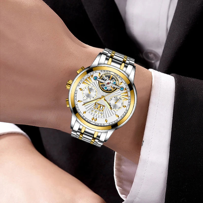 LIGE automatische mechanische polshorloges voor heren – Luxe horloge uit het topsegment met tourbillon, elegant en waterdicht model, ideaal voor op het werk of formele gelegenheden.