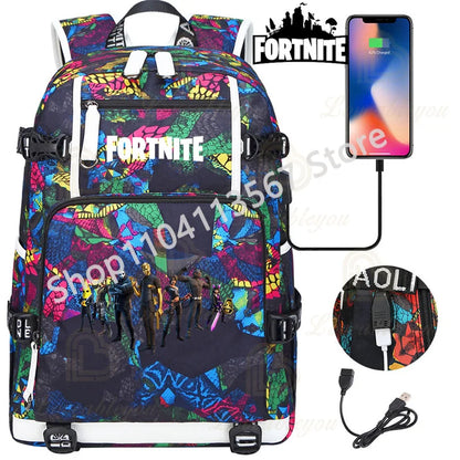 Ultima Knight F-Fortnited Battle Royale Backpack with USB Charging Anime Figures Study Stationery Compartment for Students