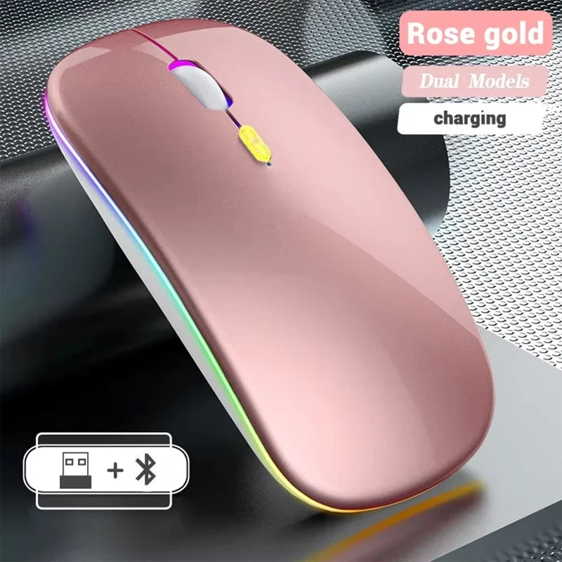 Безжична презареждаема мишка с два режима, съвместима с Bluetooth, 2.4G USB компютърна мишка за лаптоп, iPad, таблет и Notebook, геймърска мишка