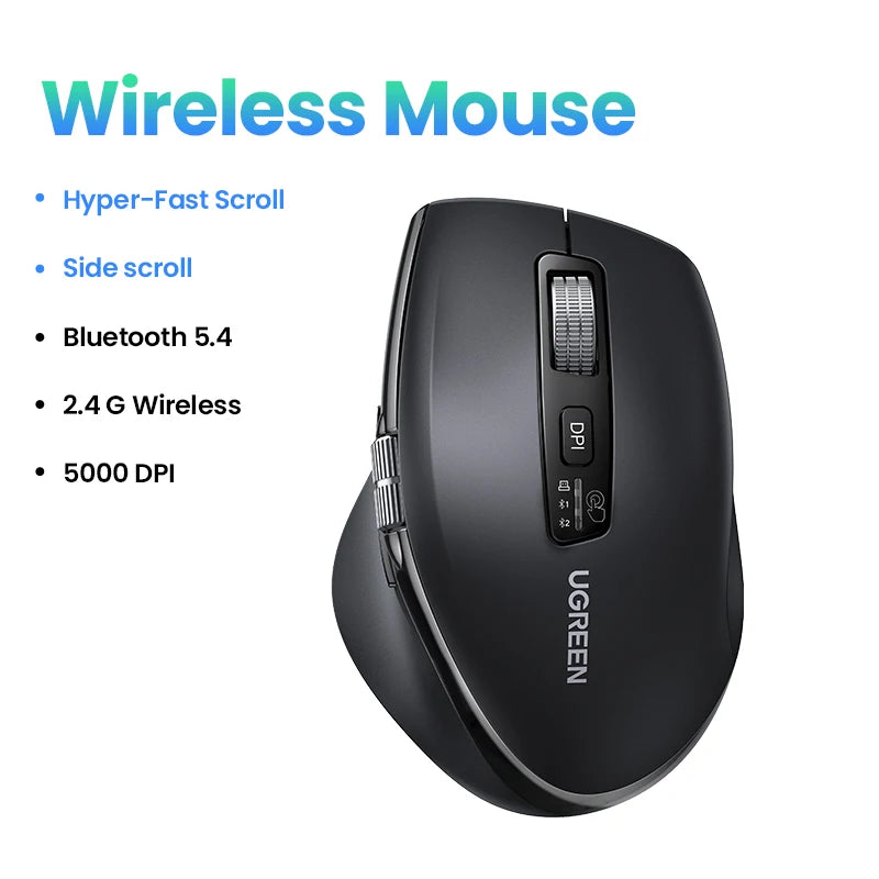 UGREEN Wireless Mouse Bluetooth 5.4 Ergonomic 5000 DPI Rechargeable Wireless Mouse with Hyper-Fast Scroll for MacBook, Laptop, PC & Tablet