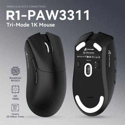 Rato Gaming Tri-Mode ATTACK SHARK R1, Sensor PixArt PAW3311, 18000 DPI, 1000hz, ultraleve 59g para mãos grandes, para PC/Mac