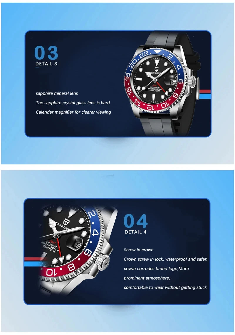 PAGANI DESIGN 40mm GMT Men's Mechanical Watches Rubber Strap Rotating Bezel 100 Waterproof Sports Wristwatch Mens Business Clock