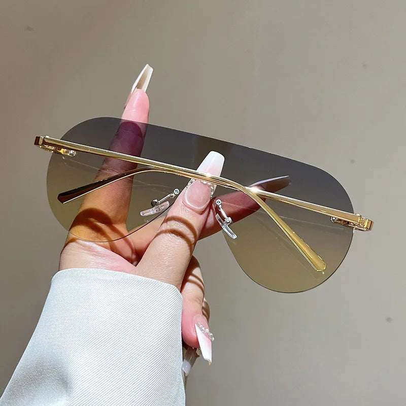 Women's Oversize Rimless One-Piece Shield Sunglasses Fashion Gradient Sun Glasses Alloy Sexy Driving Shades men punk shades