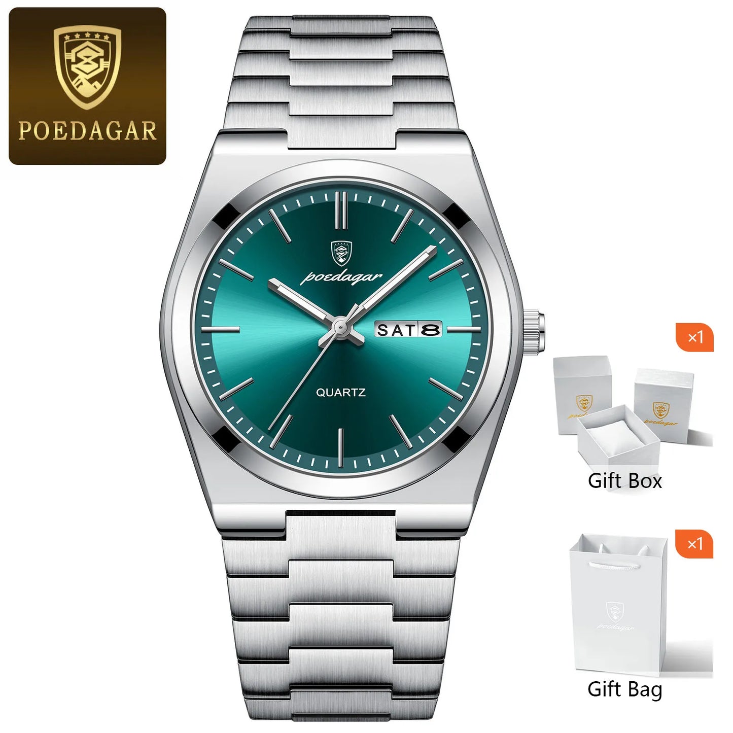 POEDAGAR Fashion Men Watch Waterproof Luminous Date Week Men's Watches Stainless Steel Functional Man Quartz Watch with Gift Box