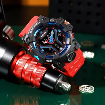 SMAEL 8075 Men's Analog Digital Dual Display Sport Watch - 50M Waterproof LED Backlight Dual Time Alarm Chronograph Stopwatch